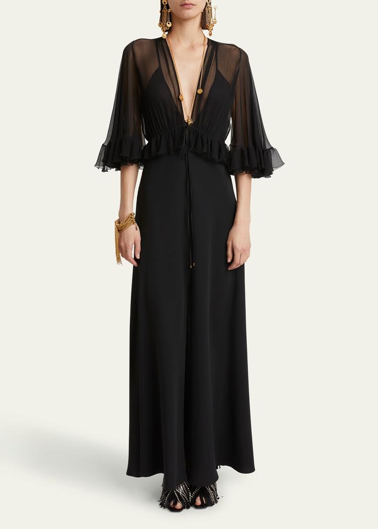 ruffle shrug silk maxi dress