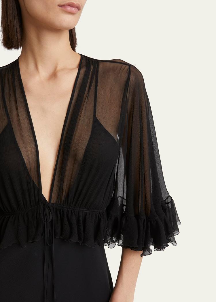 ruffle shrug silk maxi dress