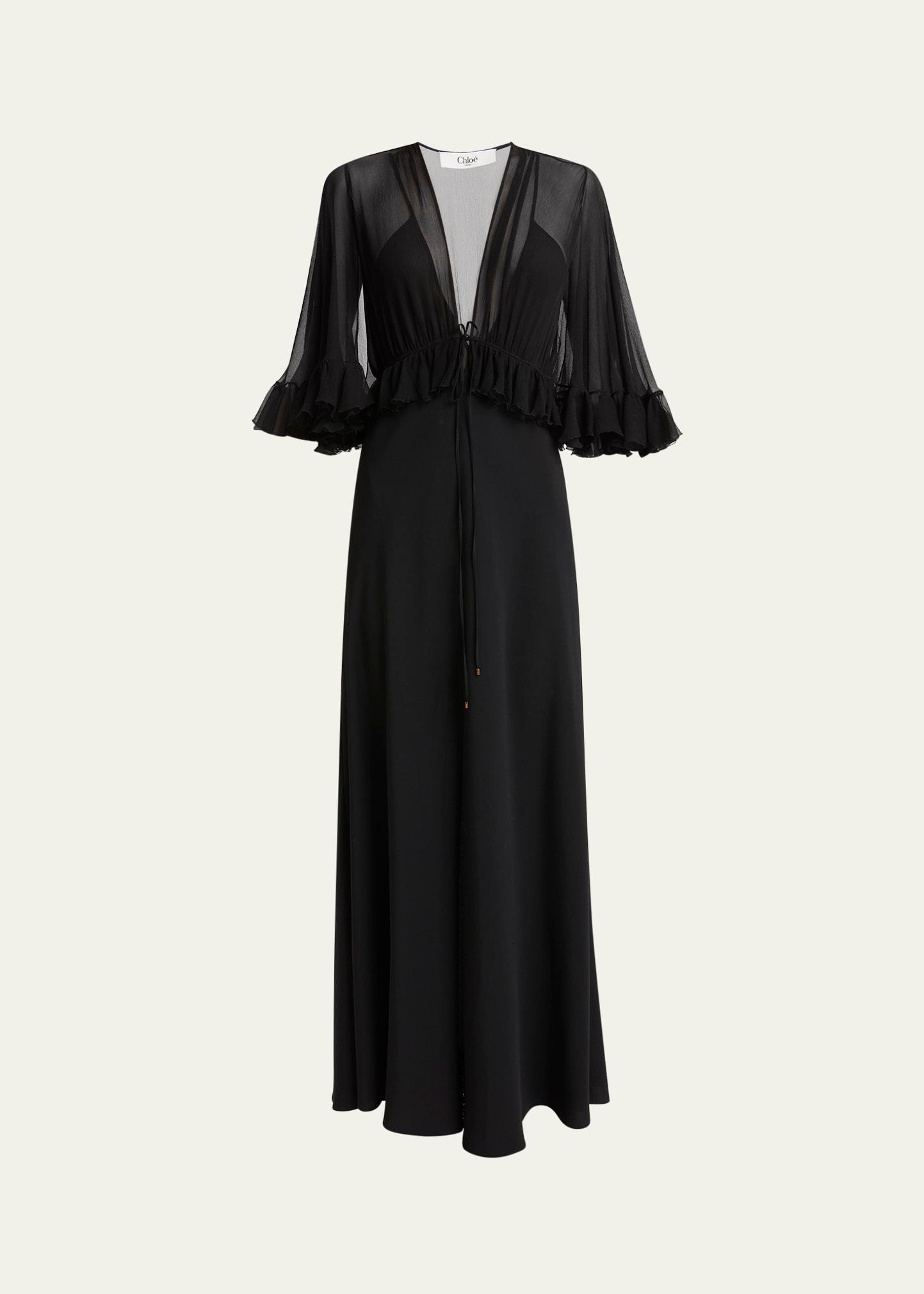 ruffle shrug silk maxi dress