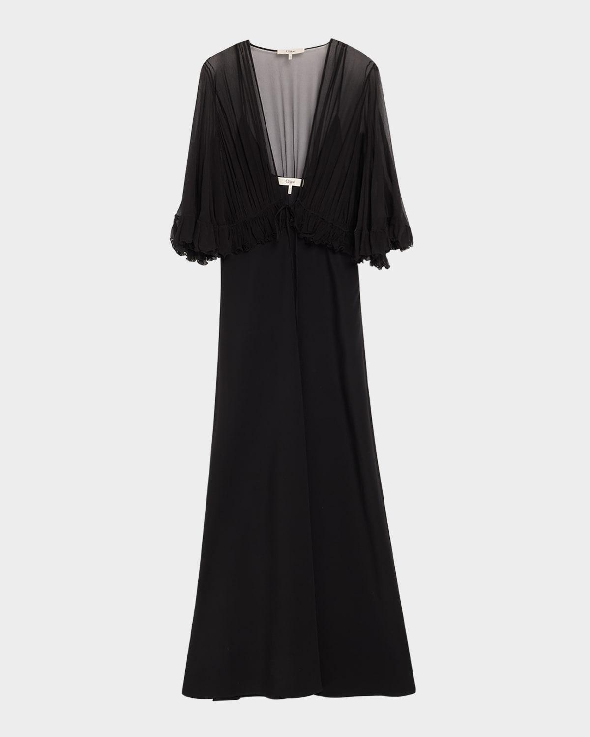 ruffle shrug silk maxi dress