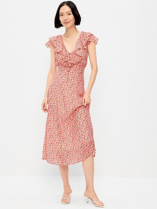 ruffle-sleeve fit & flare midi dress