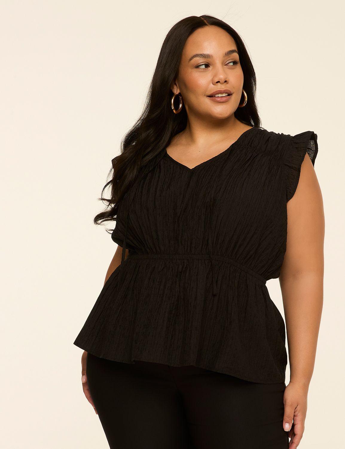 ruffle-sleeve tie-neck peplum top