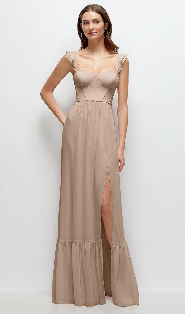ruffle strap chiffon bustier maxi dress with ruffle hem a-line skirt