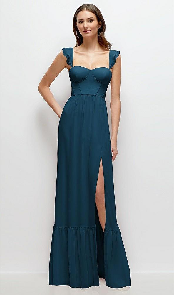 ruffle strap chiffon bustier maxi dress with ruffle hem a-line skirt