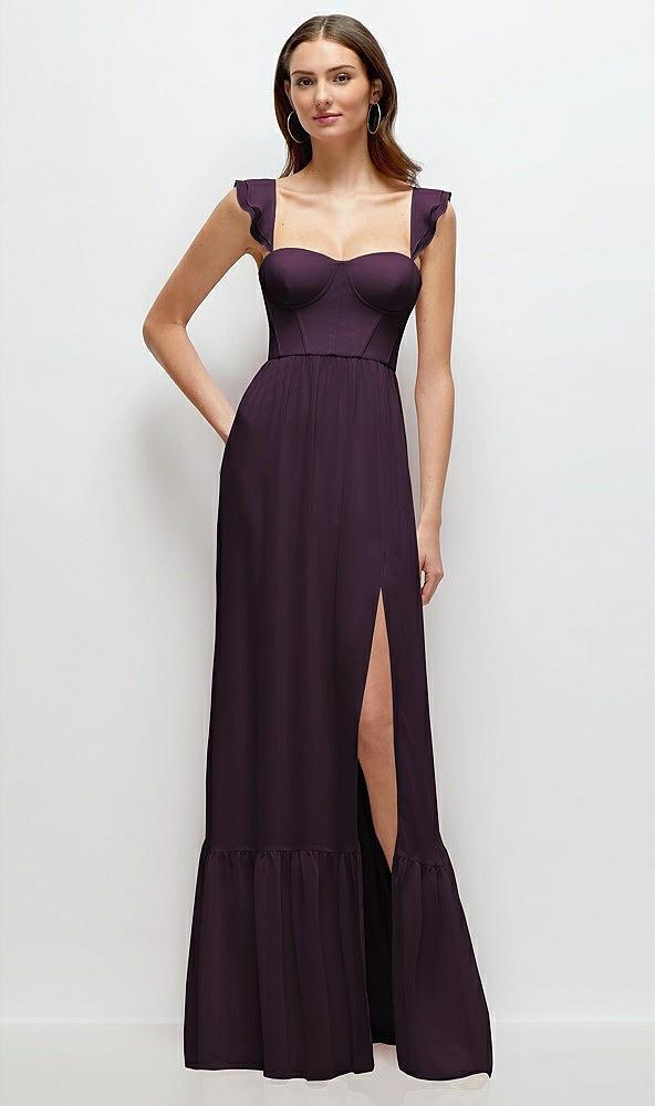 ruffle strap chiffon bustier maxi dress with ruffle hem a-line skirt