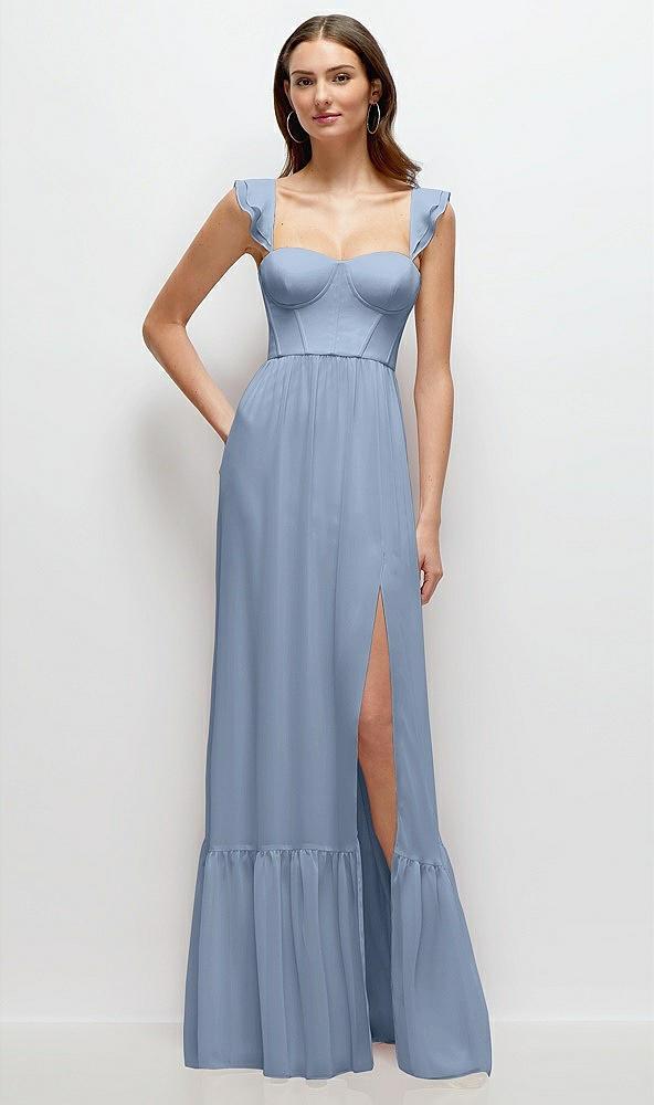 ruffle strap chiffon bustier maxi dress with ruffle hem a-line skirt