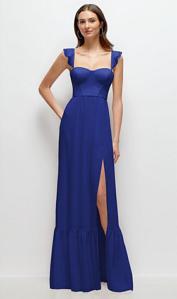 ruffle strap chiffon bustier maxi dress with ruffle hem a-line skirt