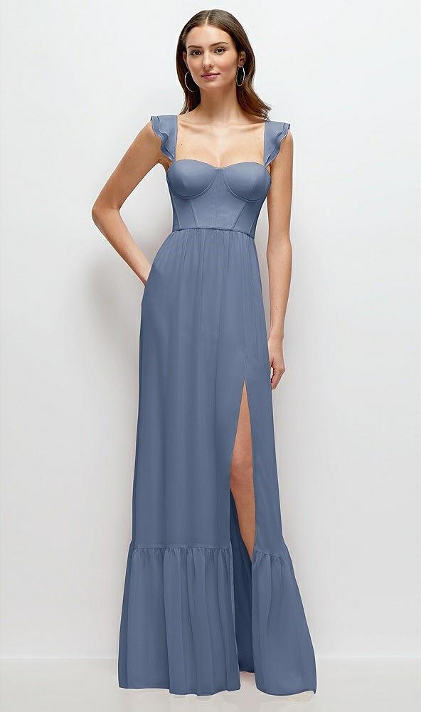 ruffle strap chiffon bustier maxi dress with ruffle hem a-line skirt