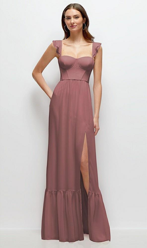 ruffle strap chiffon bustier maxi dress with ruffle hem a-line skirt