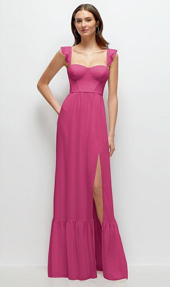 ruffle strap chiffon bustier maxi dress with ruffle hem a-line skirt