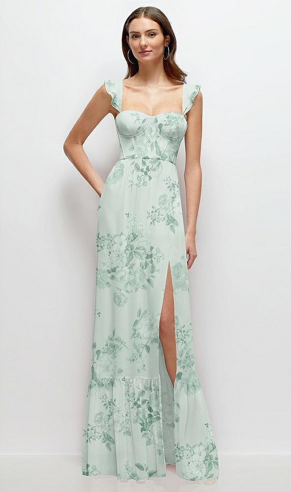 ruffle strap chiffon bustier maxi dress with ruffle hem a-line skirt