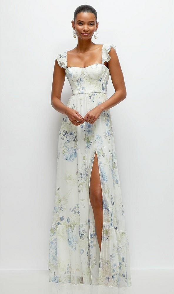 ruffle strap chiffon bustier maxi dress with ruffle hem a-line skirt