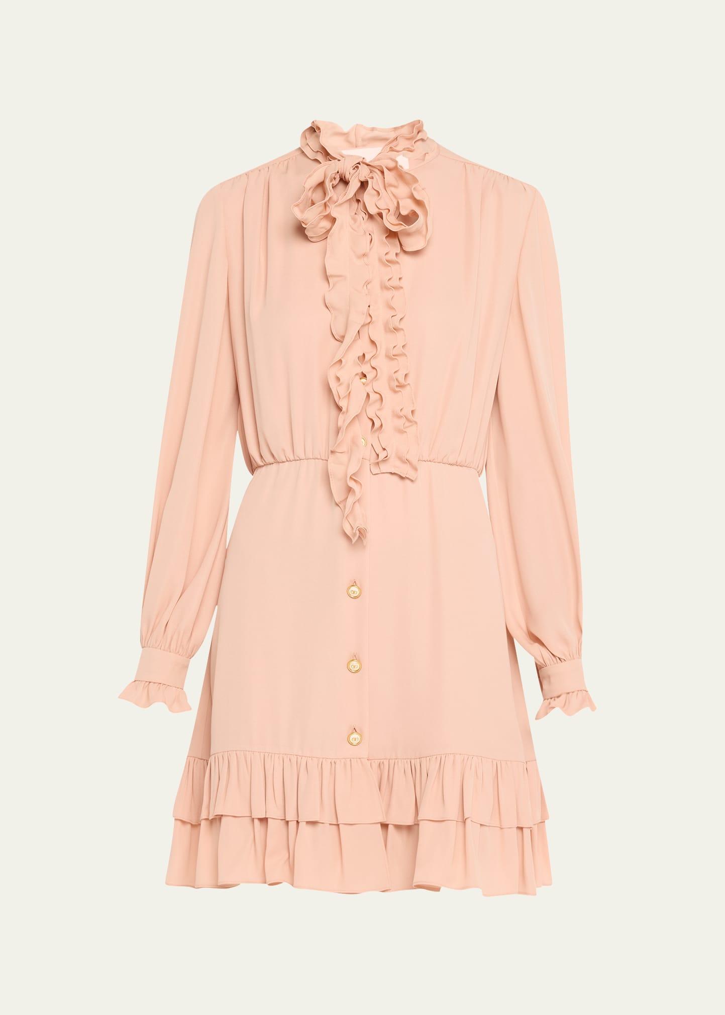ruffle tie-neck mini silk dress