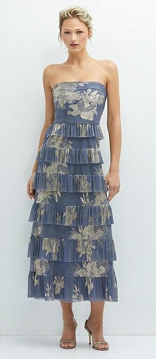 ruffle tiered skirt metallic pleated strapless midi dress with floral gold foil print