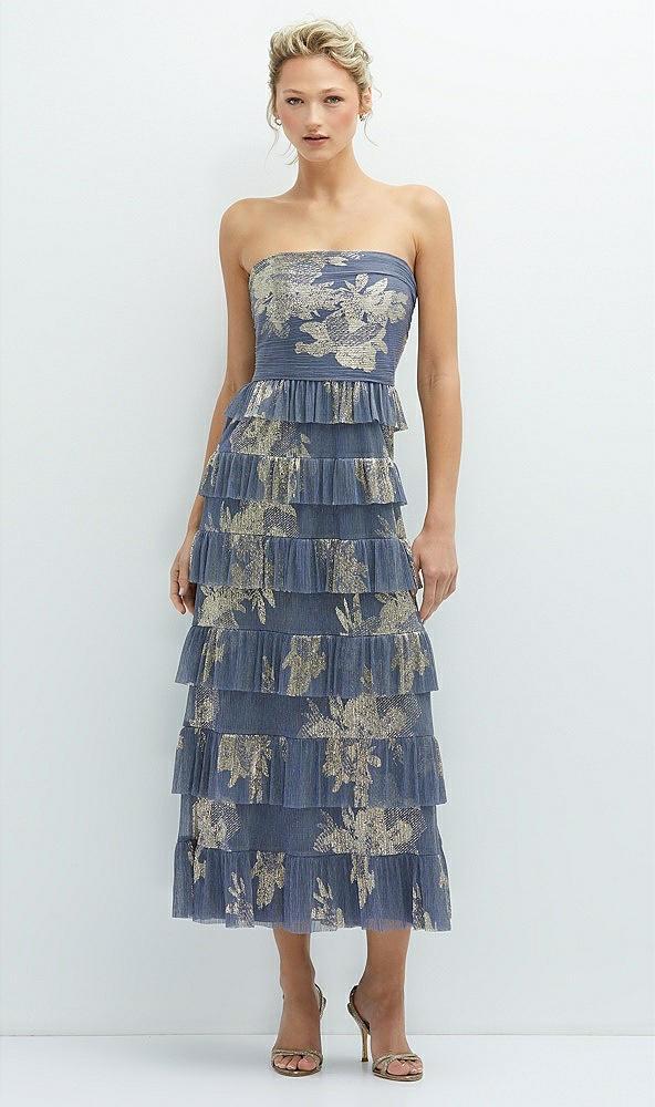 ruffle tiered skirt metallic pleated strapless midi dress with floral gold foil print