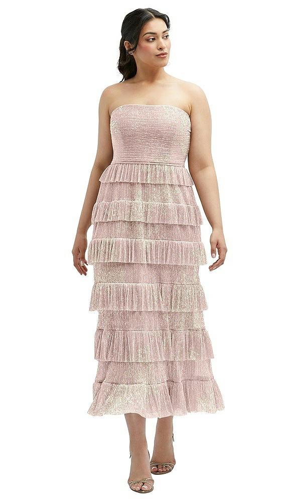 ruffle tiered skirt metallic pleated strapless midi dress with floral gold foil print