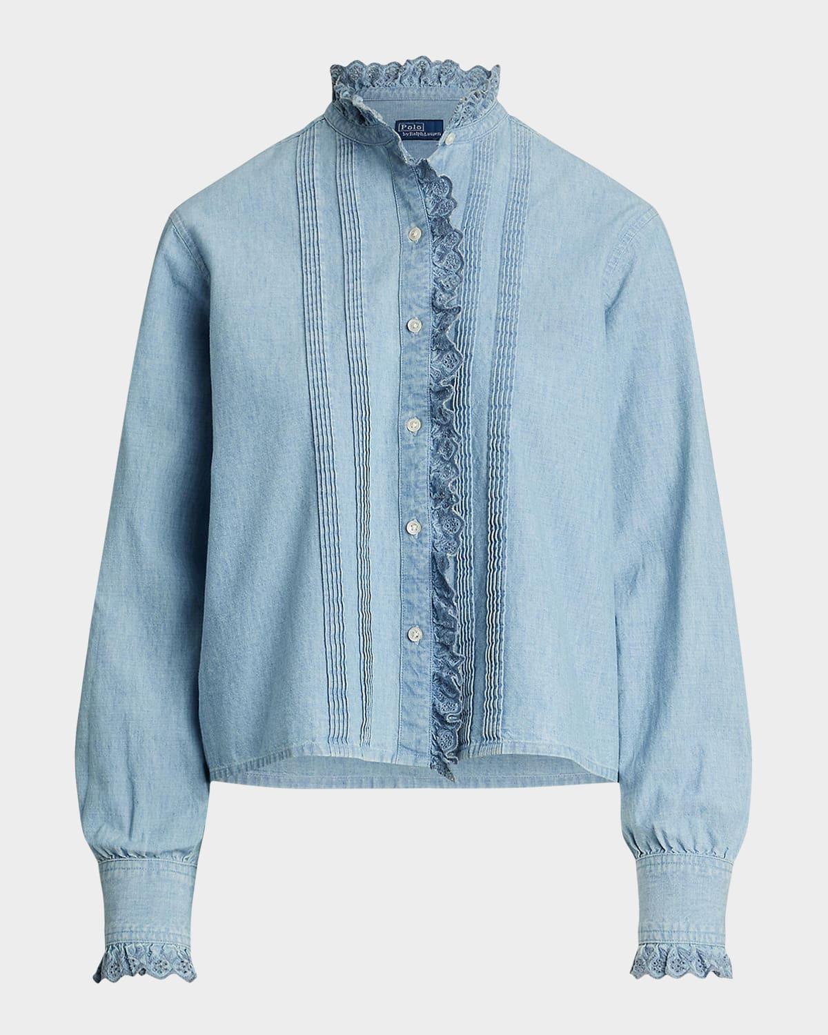 ruffle-trim chambray top