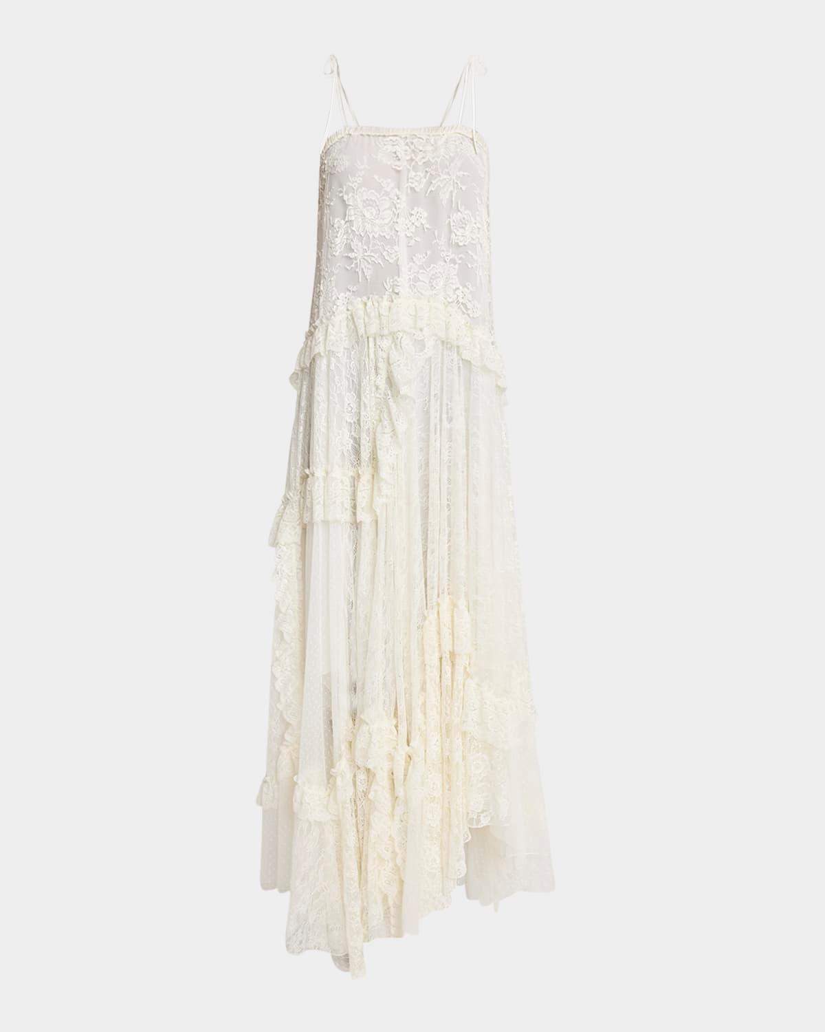ruffle-trim floral lace maxi dress