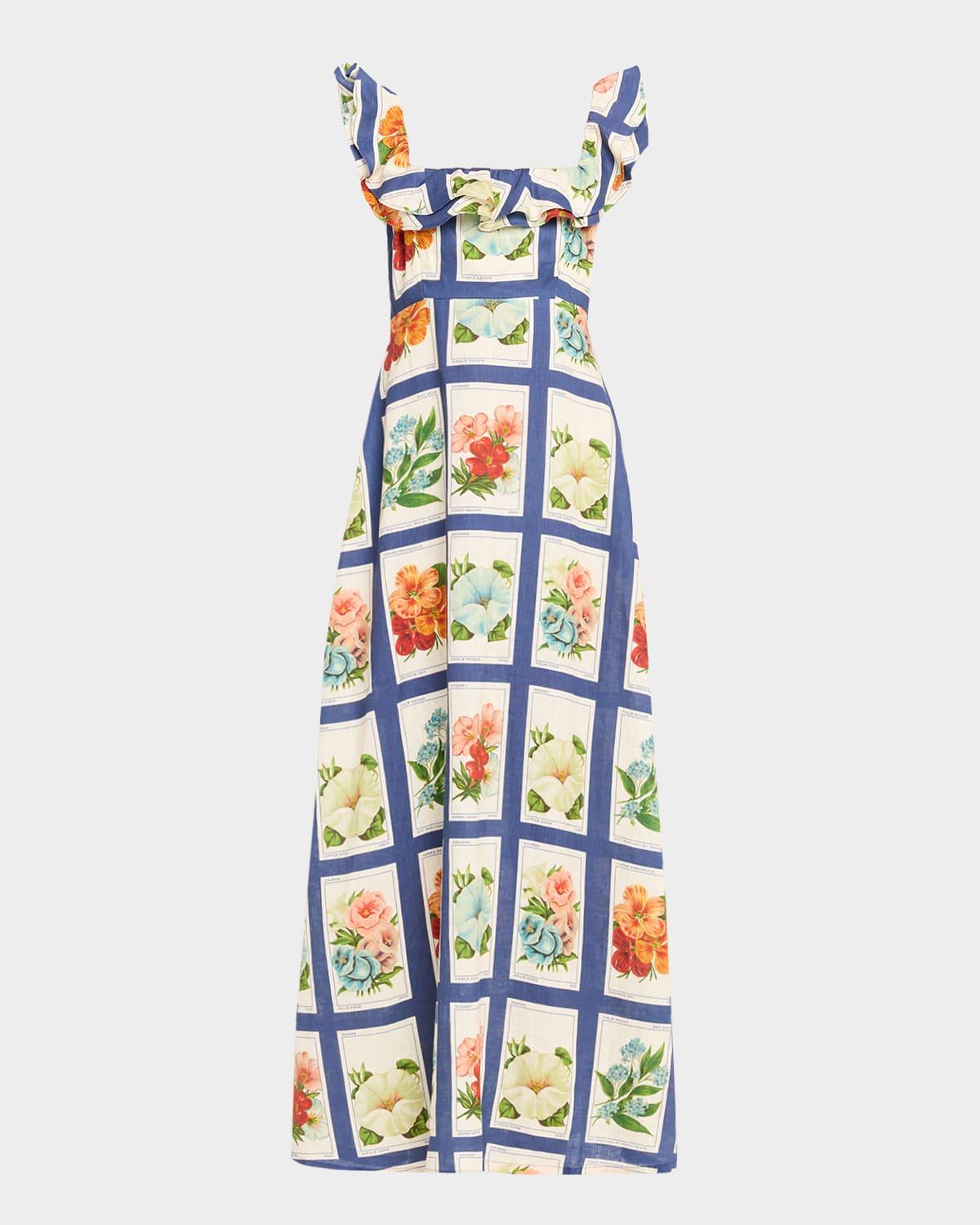 ruffle-trim vintage botanical linen maxi dress