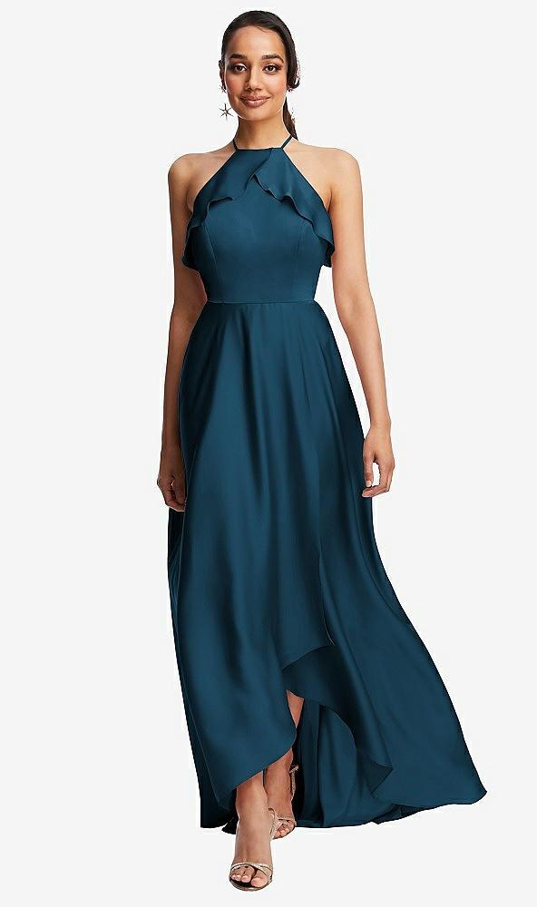 ruffle-trimmed bodice halter maxi dress with wrap slit