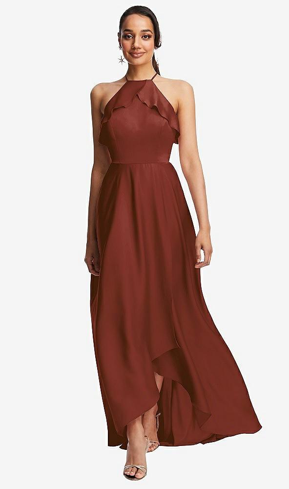 ruffle-trimmed bodice halter maxi dress with wrap slit