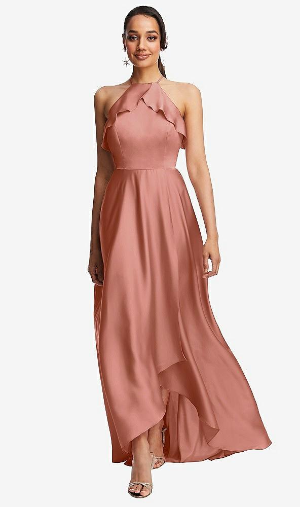 ruffle-trimmed bodice halter maxi dress with wrap slit