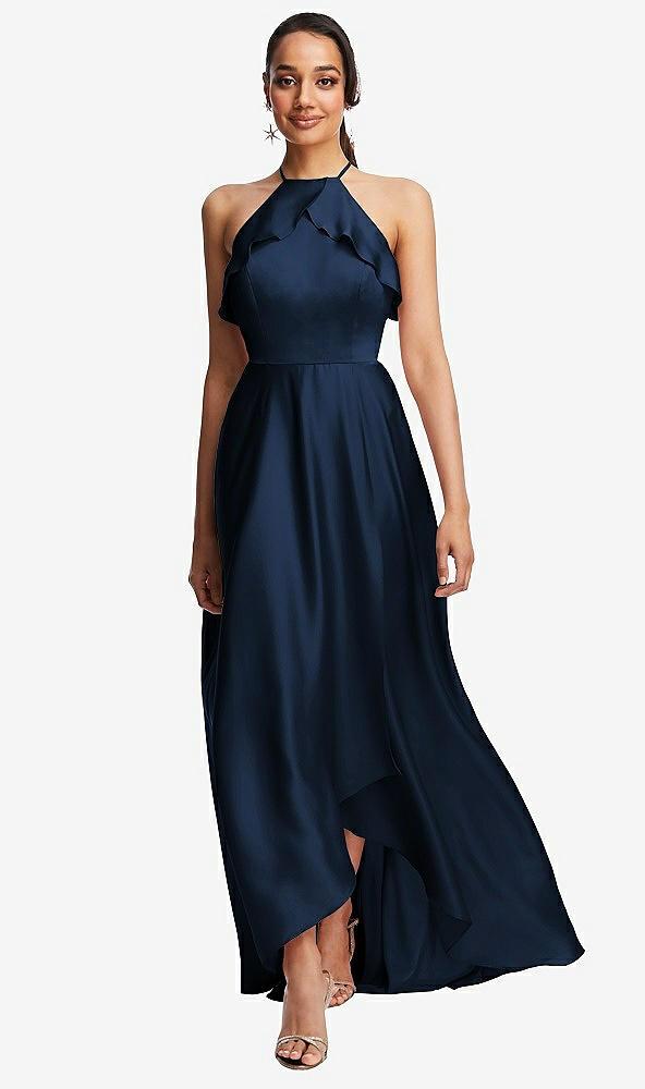 ruffle-trimmed bodice halter maxi dress with wrap slit