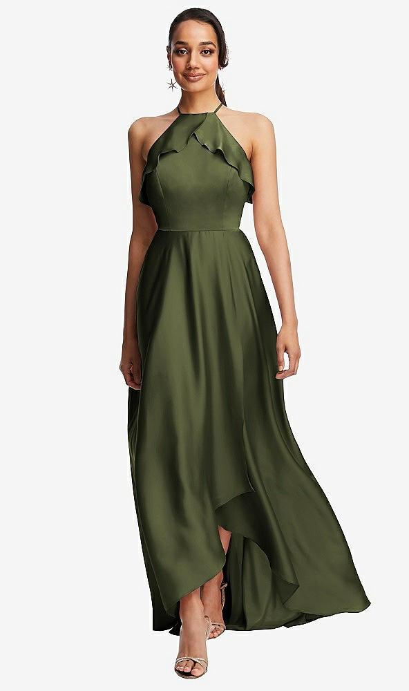 ruffle-trimmed bodice halter maxi dress with wrap slit
