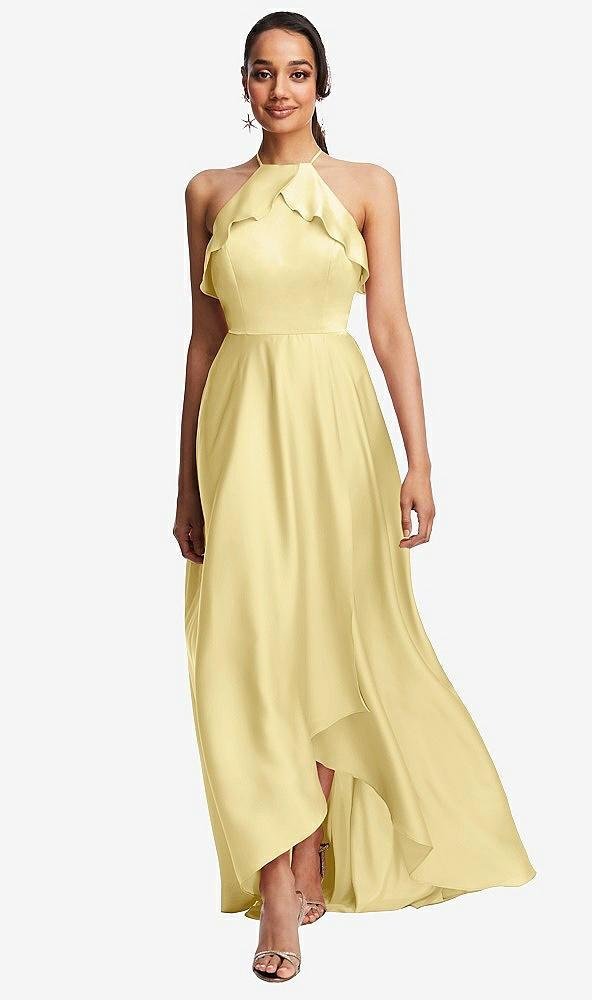 ruffle-trimmed bodice halter maxi dress with wrap slit