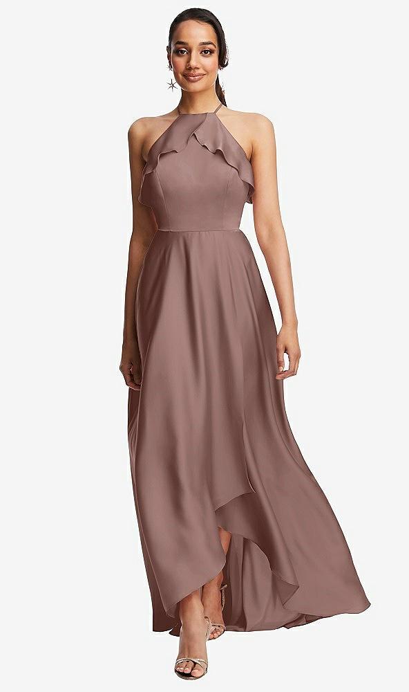 ruffle-trimmed bodice halter maxi dress with wrap slit