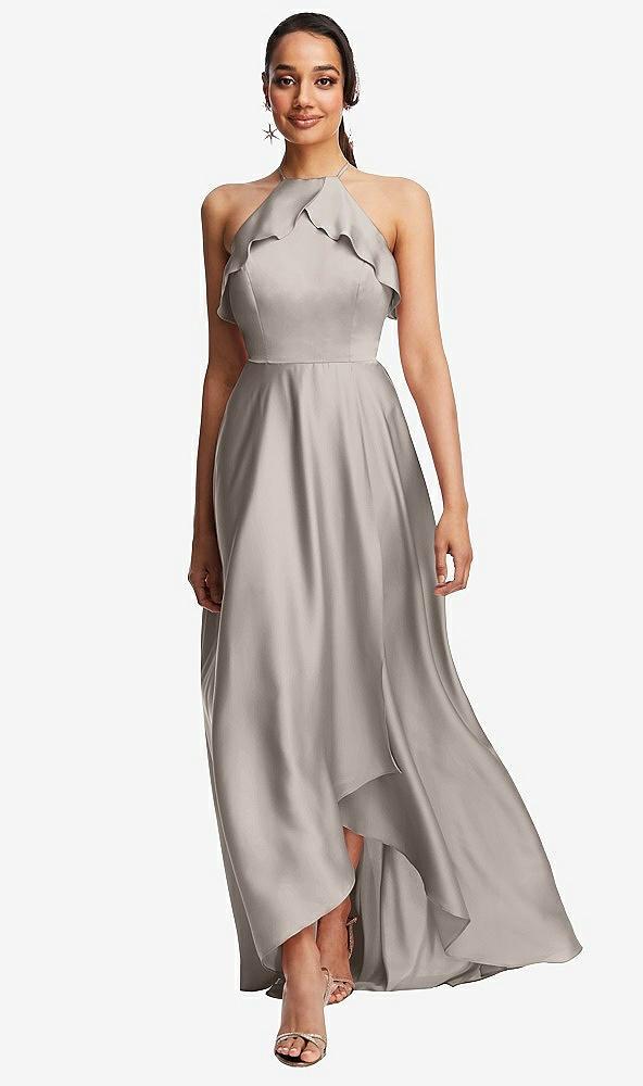 ruffle-trimmed bodice halter maxi dress with wrap slit