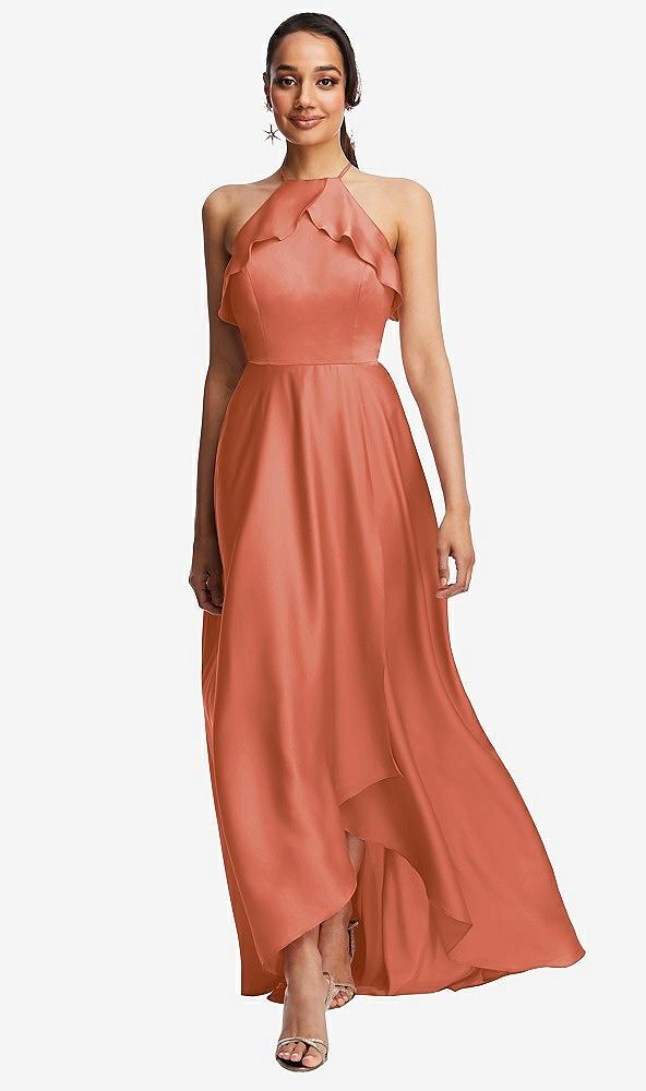 ruffle-trimmed bodice halter maxi dress with wrap slit