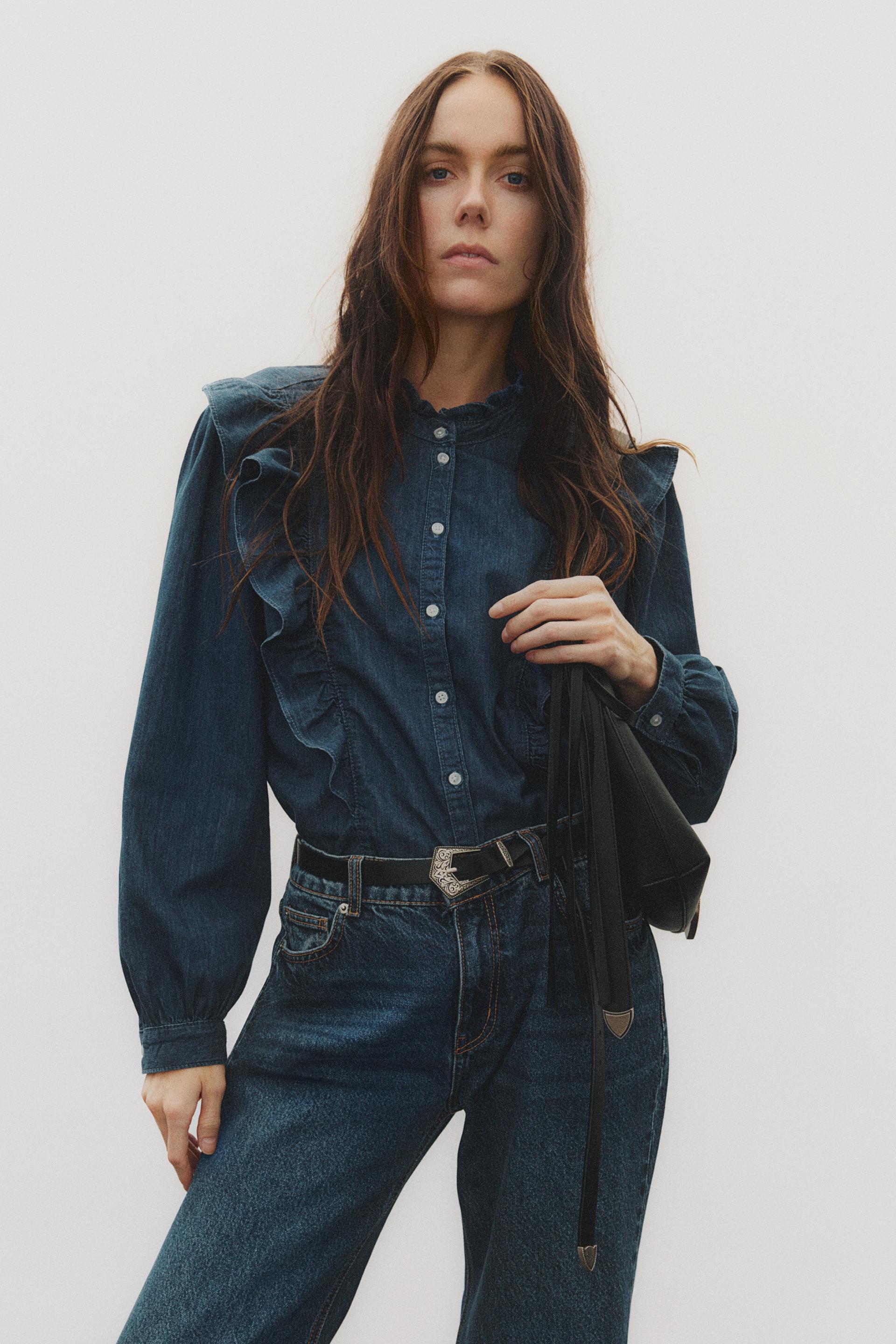 ruffle-trimmed denim blouse