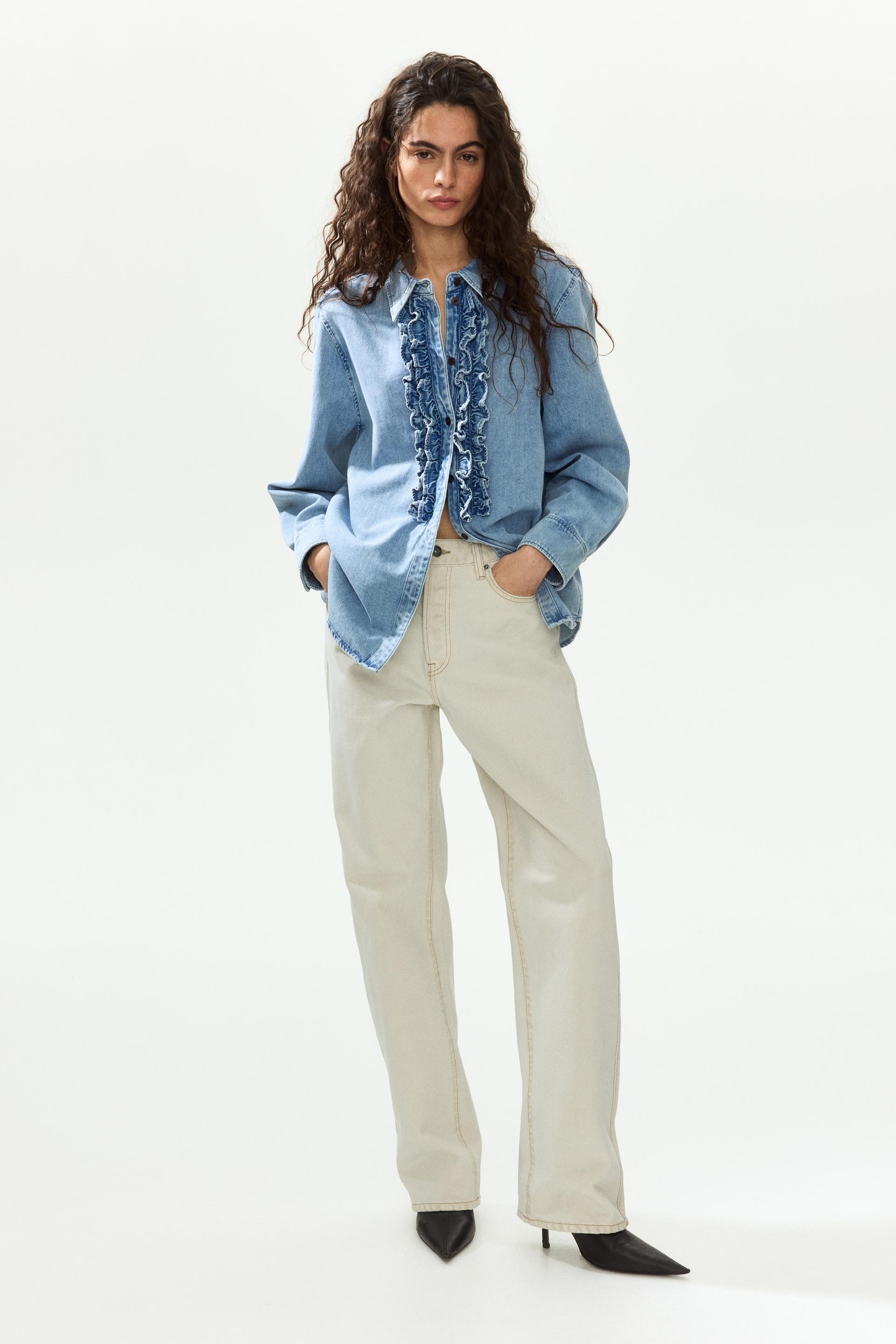 ruffle-trimmed denim shirt
