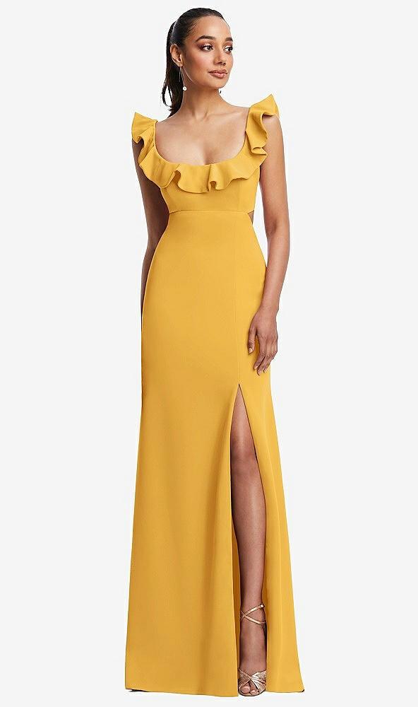 ruffle-trimmed neckline cutout tie-back trumpet gown