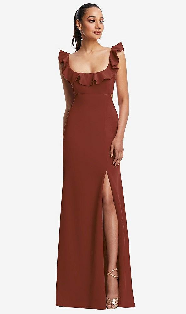 ruffle-trimmed neckline cutout tie-back trumpet gown