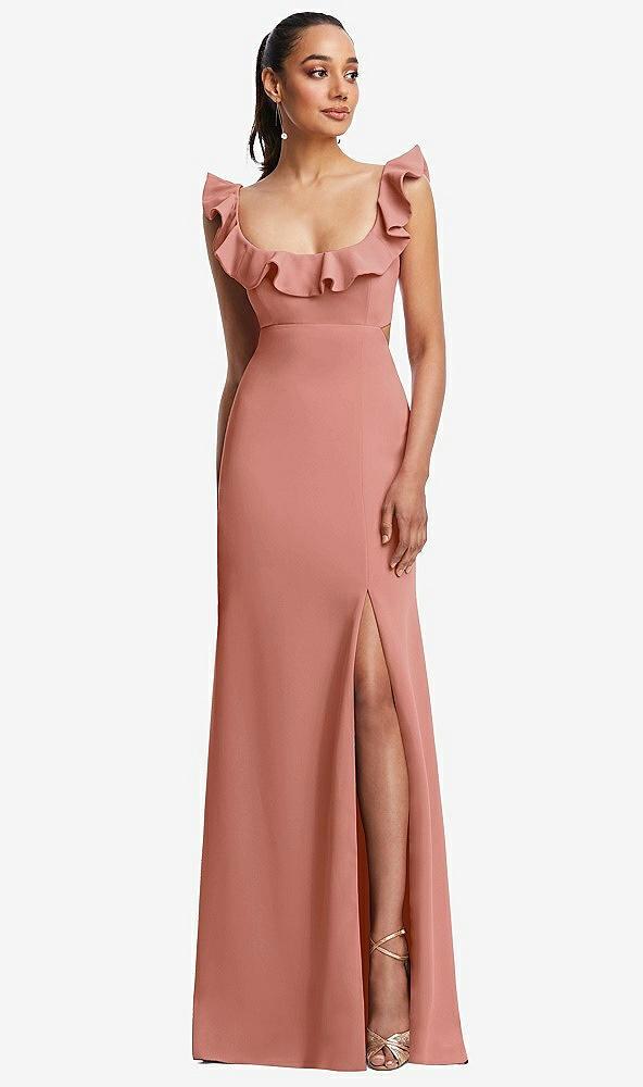 ruffle-trimmed neckline cutout tie-back trumpet gown