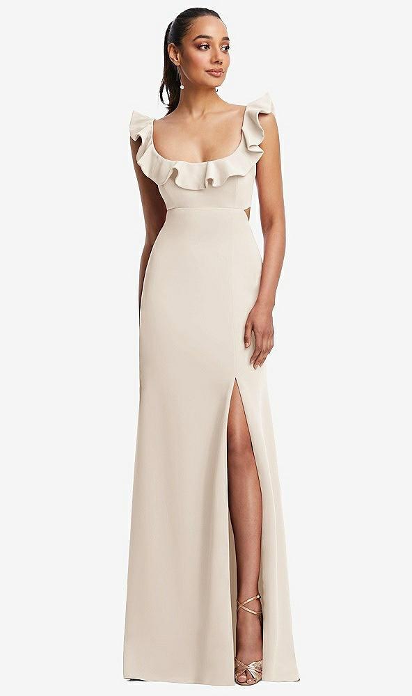 ruffle-trimmed neckline cutout tie-back trumpet gown