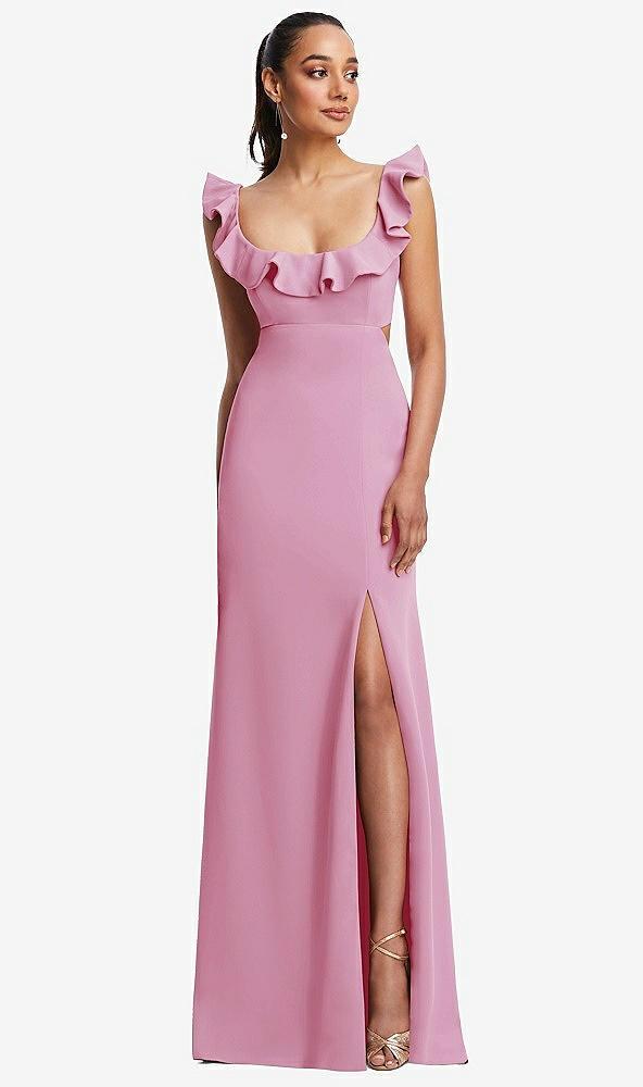 ruffle-trimmed neckline cutout tie-back trumpet gown