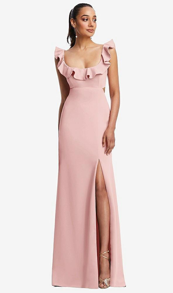 ruffle-trimmed neckline cutout tie-back trumpet gown