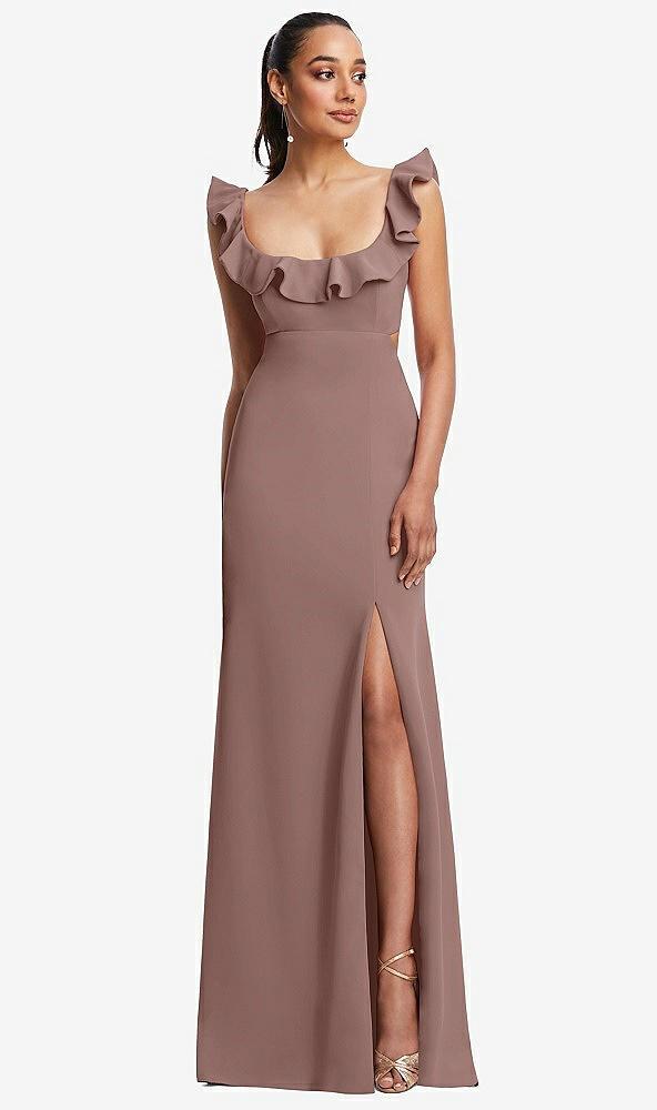 ruffle-trimmed neckline cutout tie-back trumpet gown