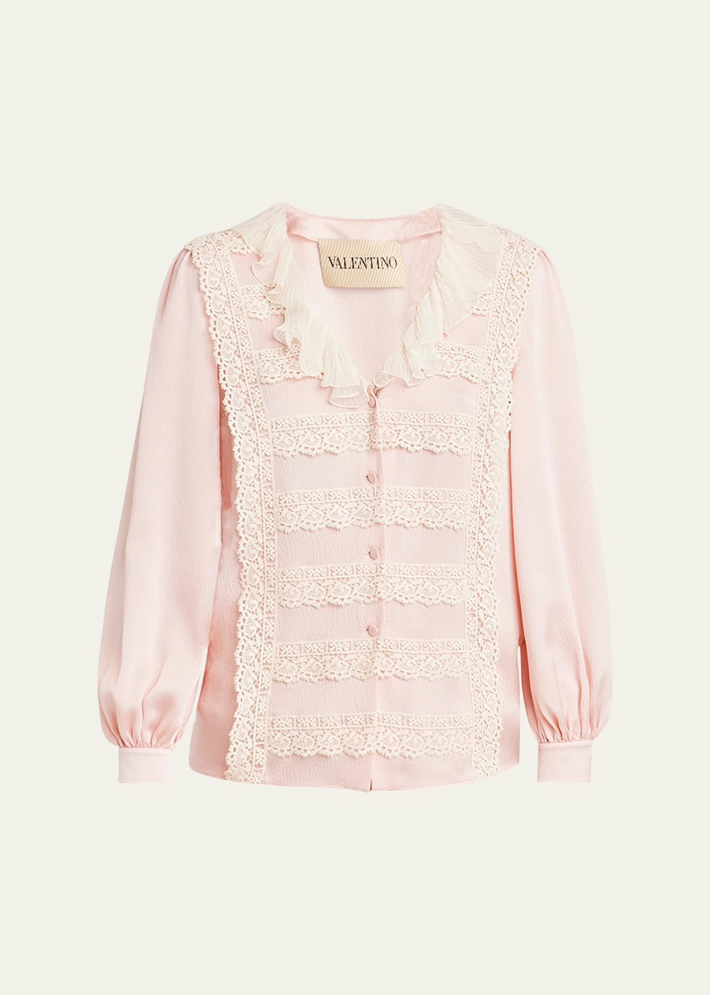 ruffle v-neck lace trim silk shirt
