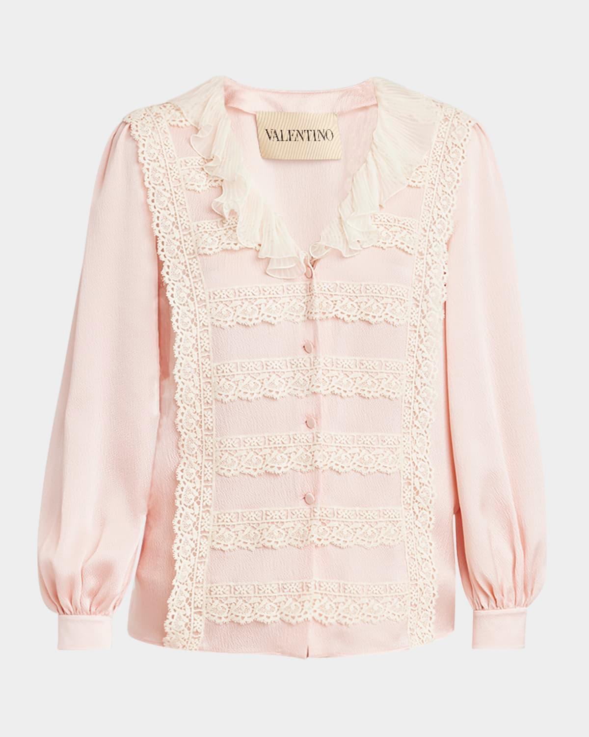 ruffle v-neck lace trim silk shirt