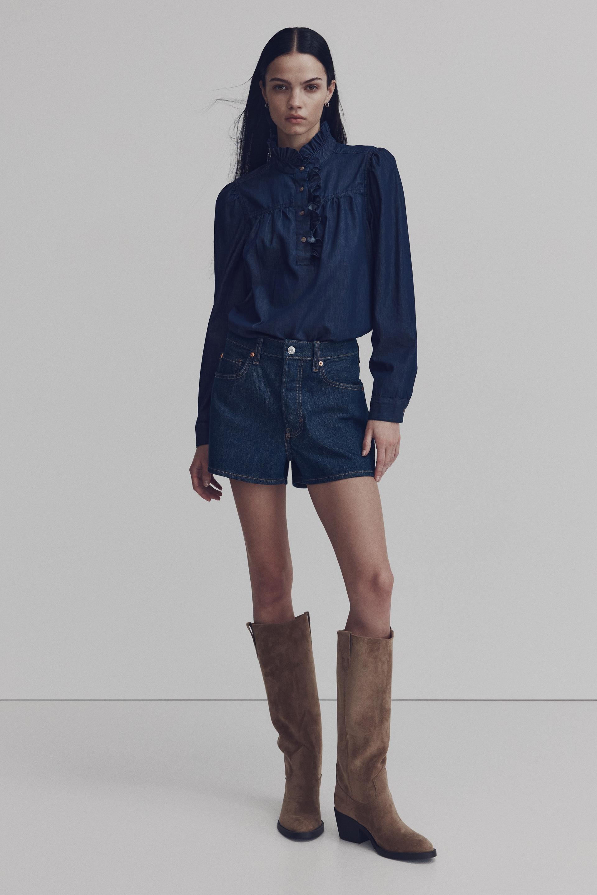 ruffled-collar denim blouse