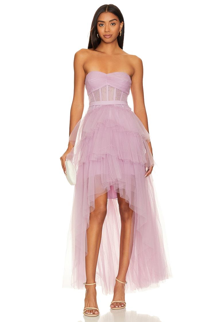 BCBG Ruffled High Low Gown BCBG Ruffled High Low Gown – This gown features a boned bodice with sheer panel and a hi-low ruffle tulle fabric, perfect for elegant evenings.