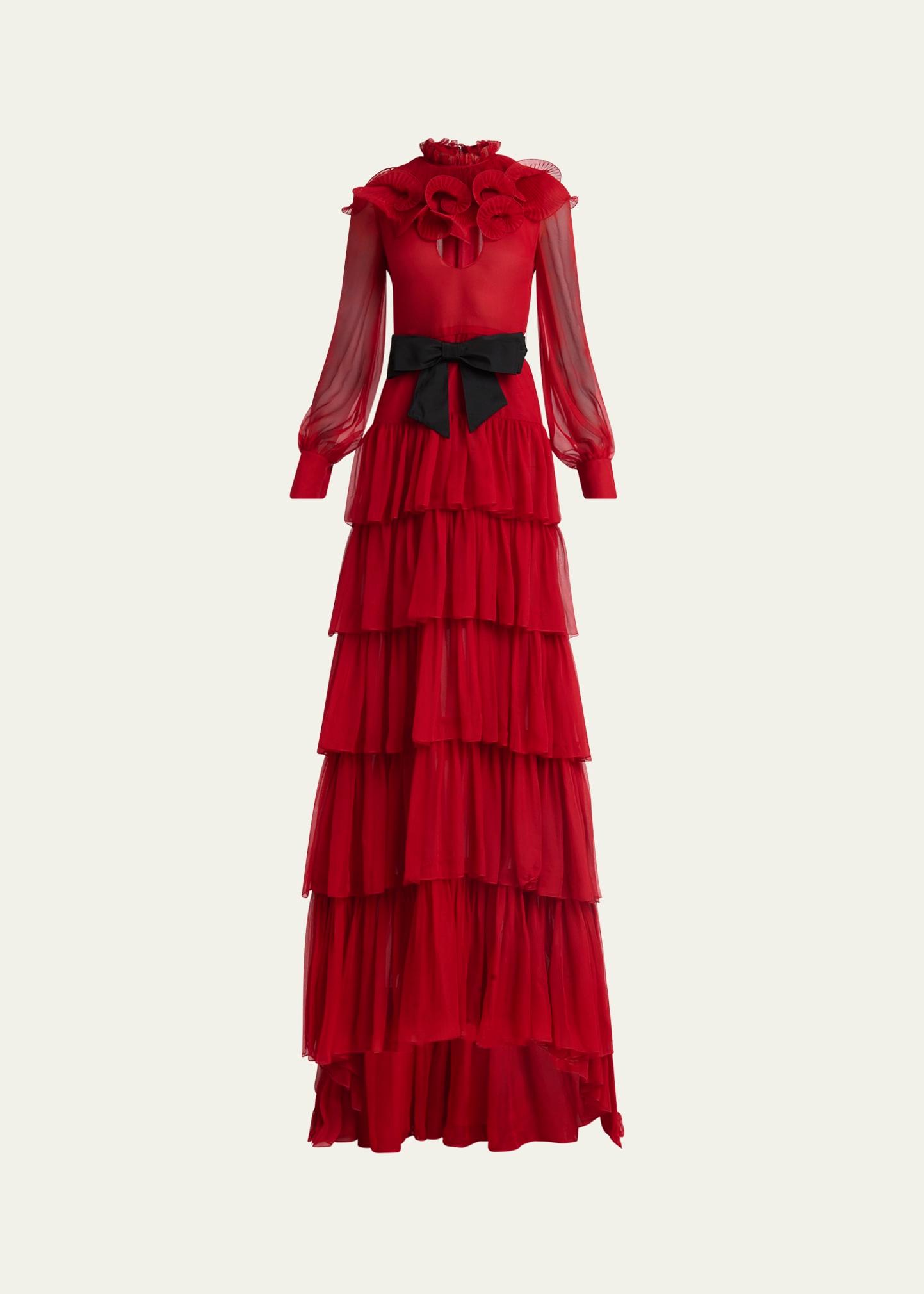 ruffled long keyhole chiffon gown with bow detail
