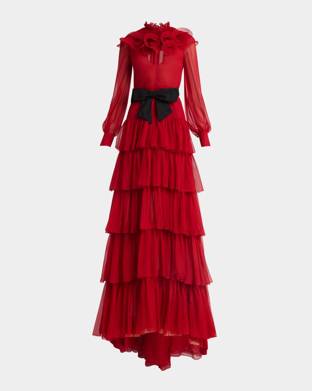 ruffled long keyhole chiffon gown with bow detail