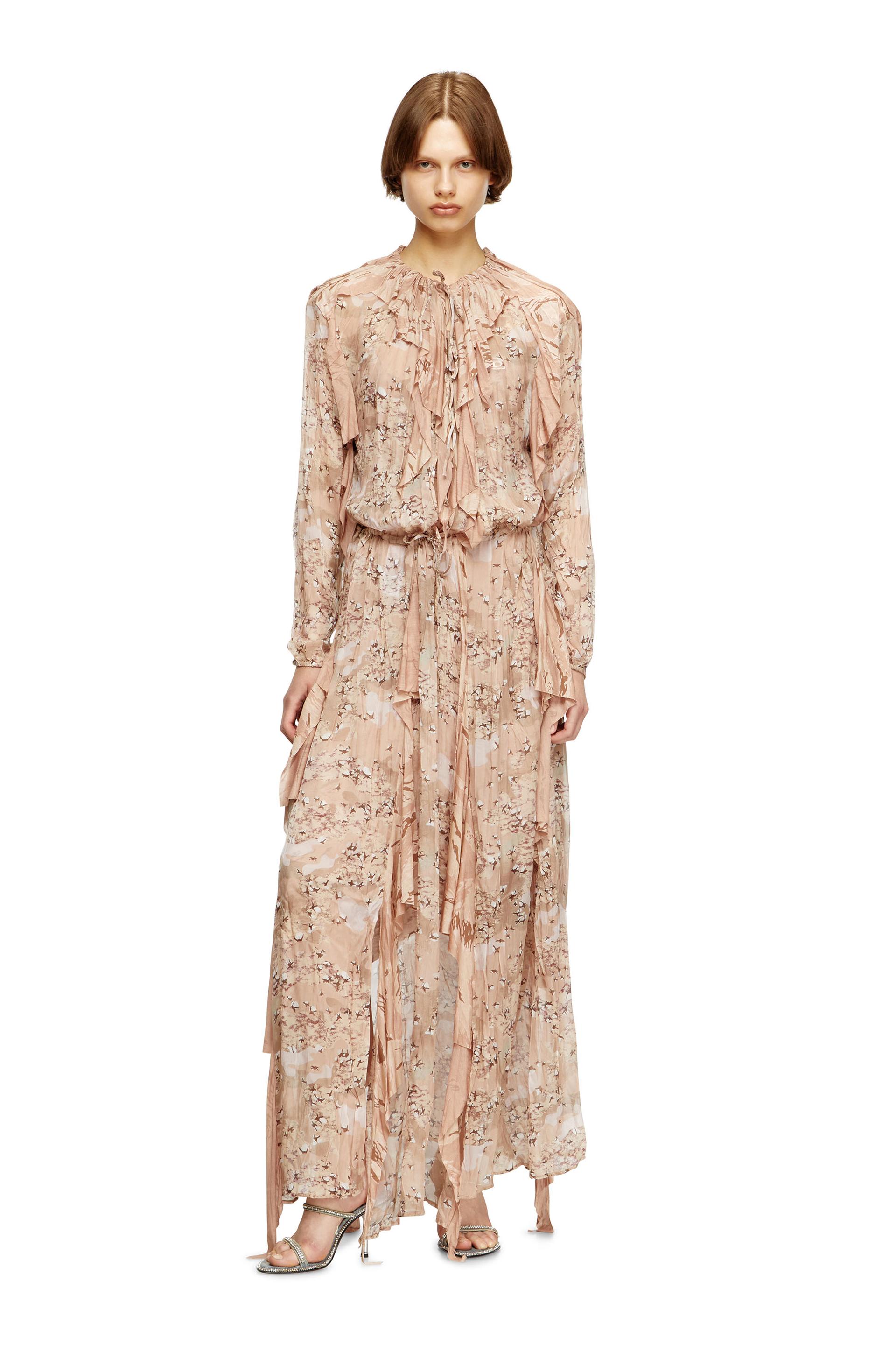 ruffled maxi dress in camo chiffon