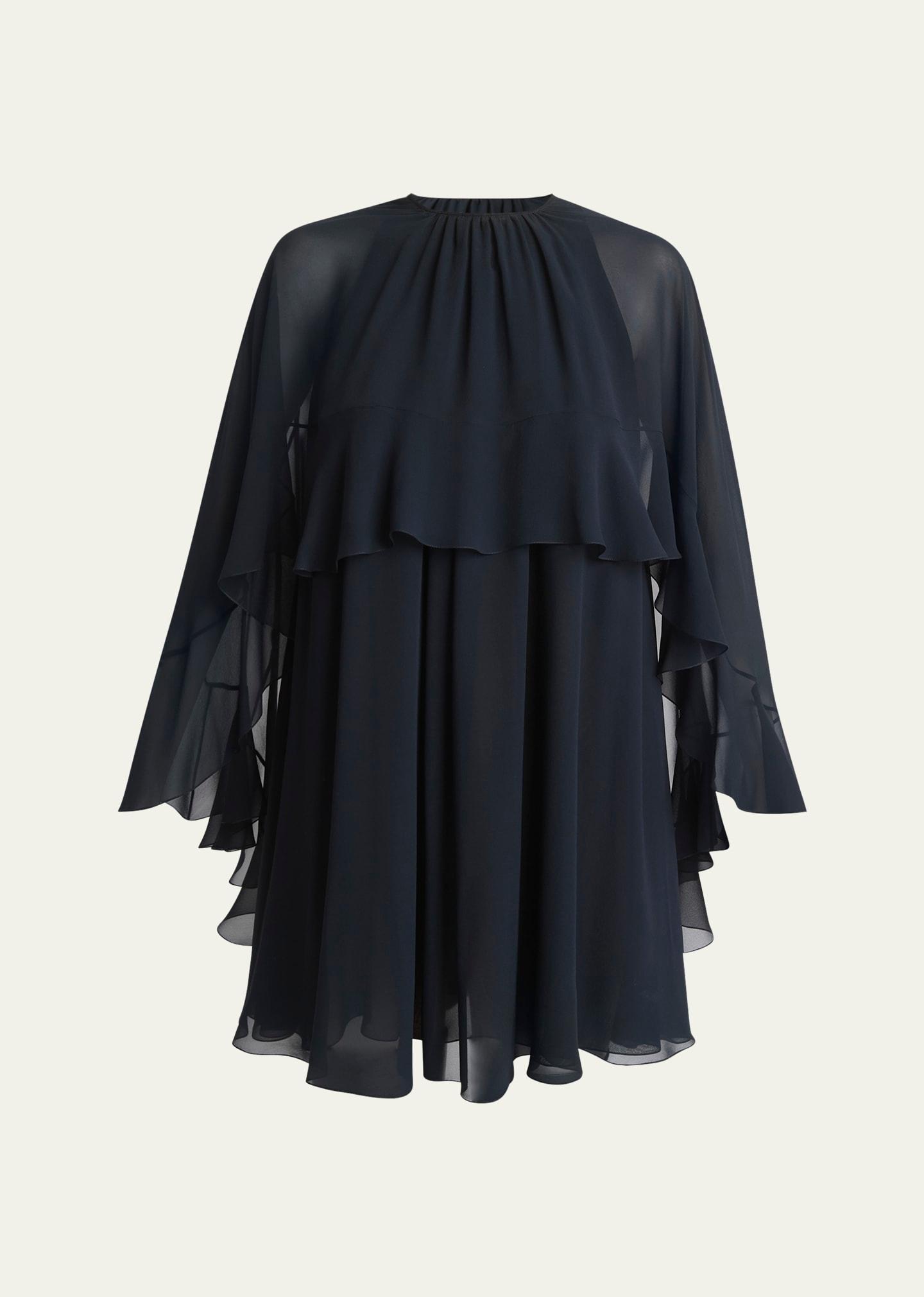 ruffled three-quarter sleeve silk georgette mini dress