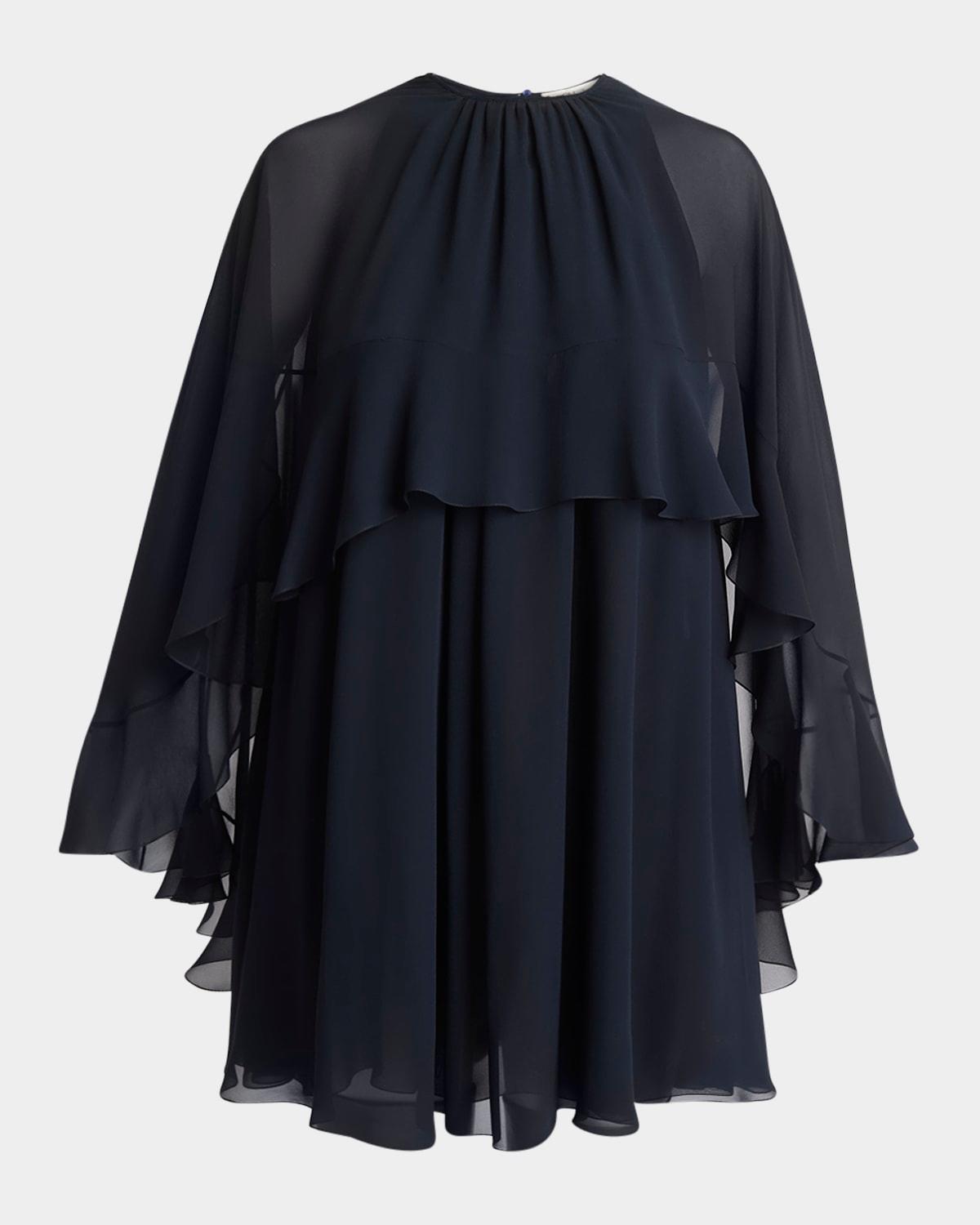 ruffled three-quarter sleeve silk georgette mini dress